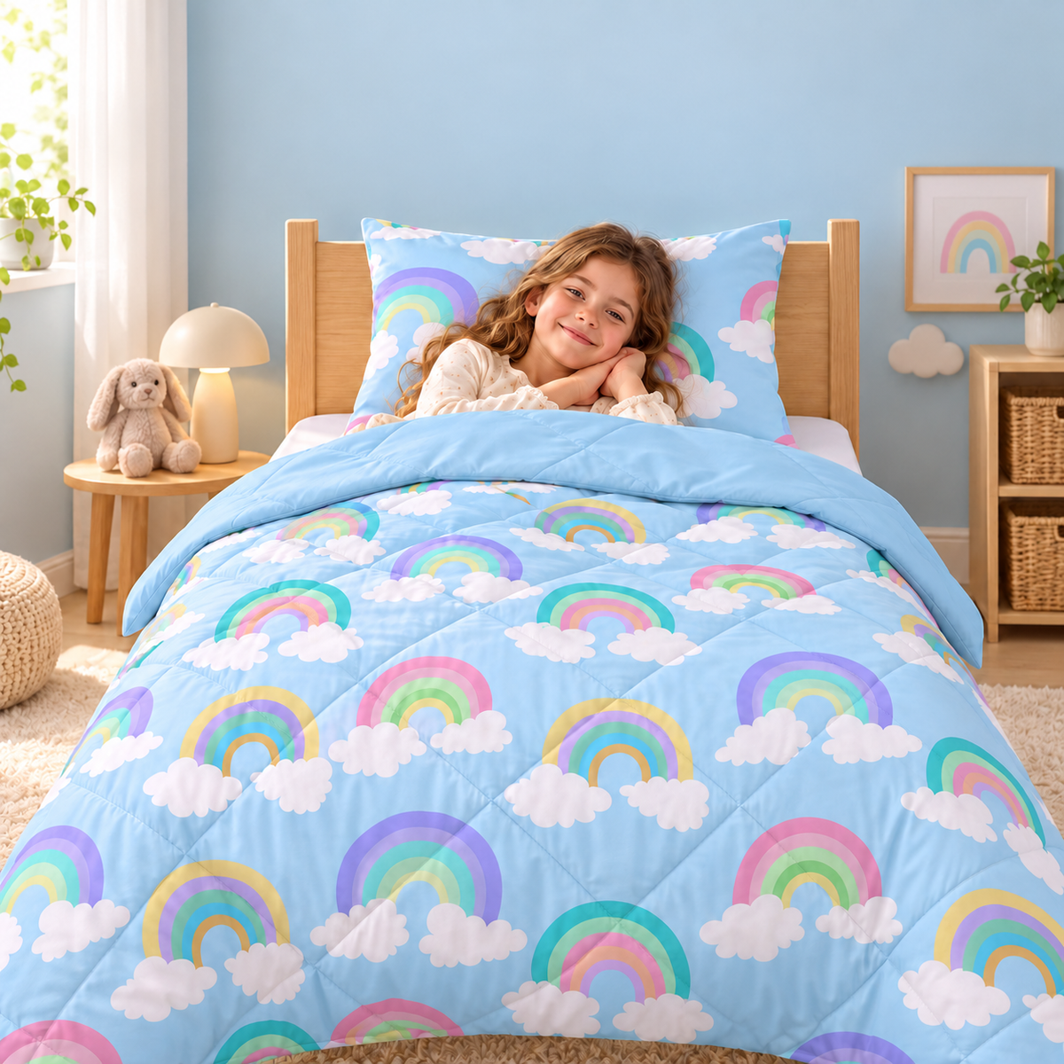 Kinderdekbed en Overtrek in 1 – Regenboog Blauw – 140 x 200 cm met Kussensloop – Sleeptime