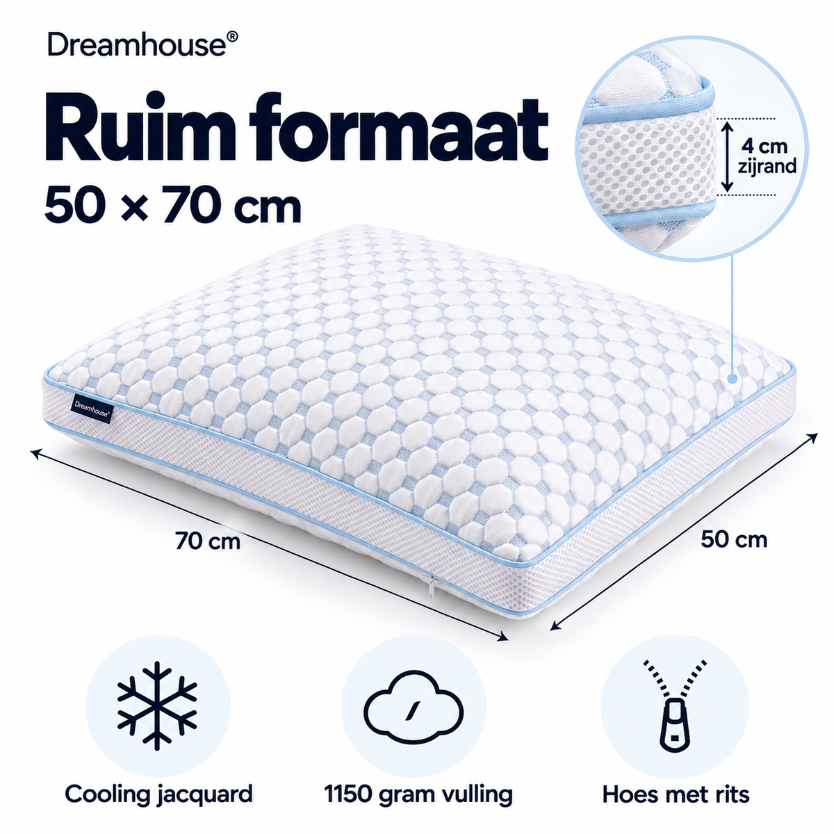 Afmetingen hoofdkussen 50 x 70 cm met 4 cm zijrand – Dreamhouse