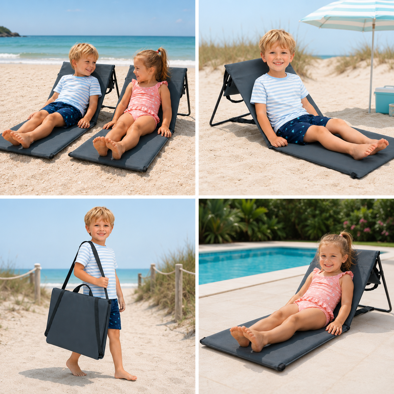 Kinder Strandmat met Verstelbare Rugleuning – Opvouwbare Ligmat met Draaghandvat – Grijs – 1-Pack of 2-Pack
