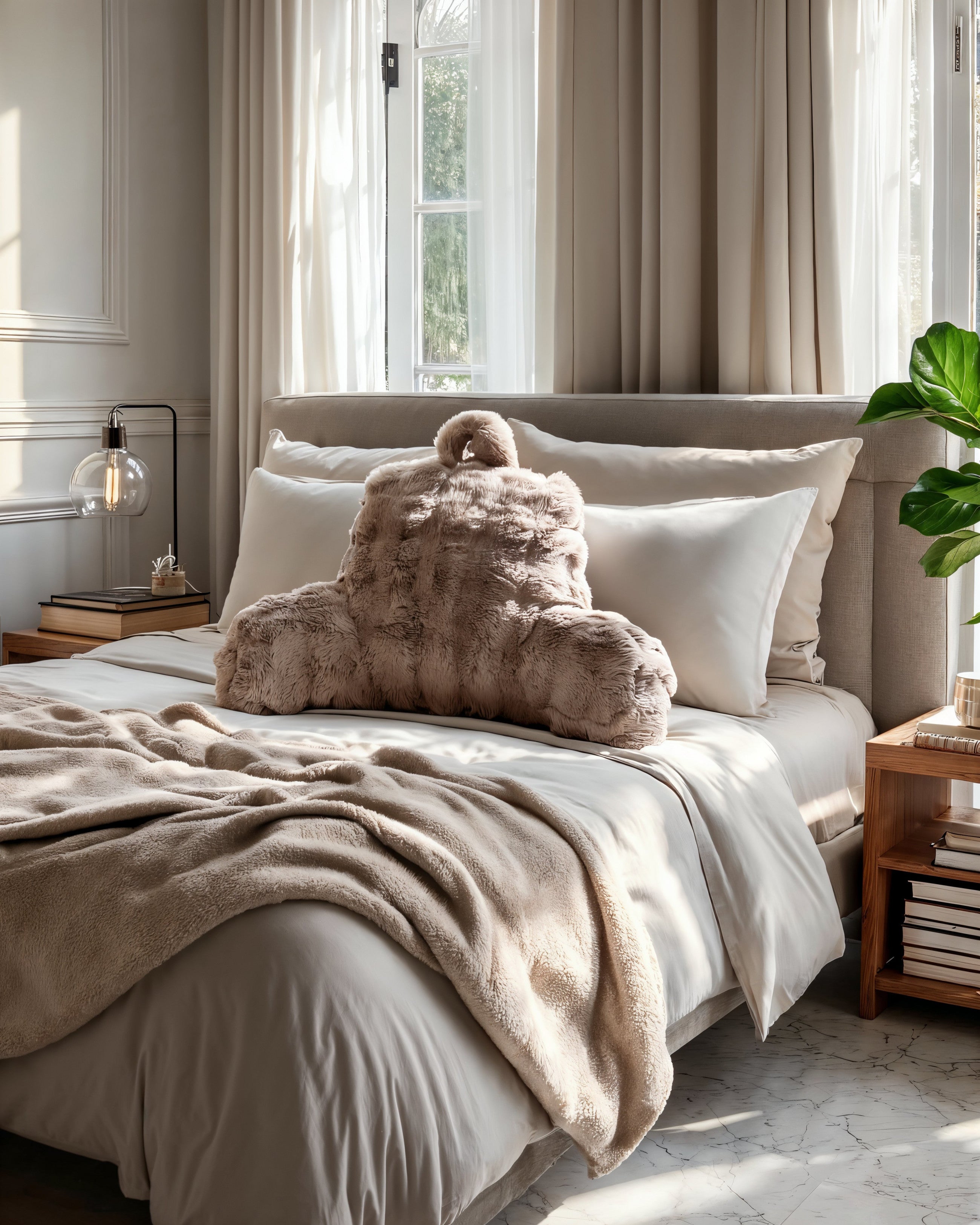 Bedrest Pompom Taupe – Luxe Faux Fur Rugsteunkussen met Pompom (34x50 cm)