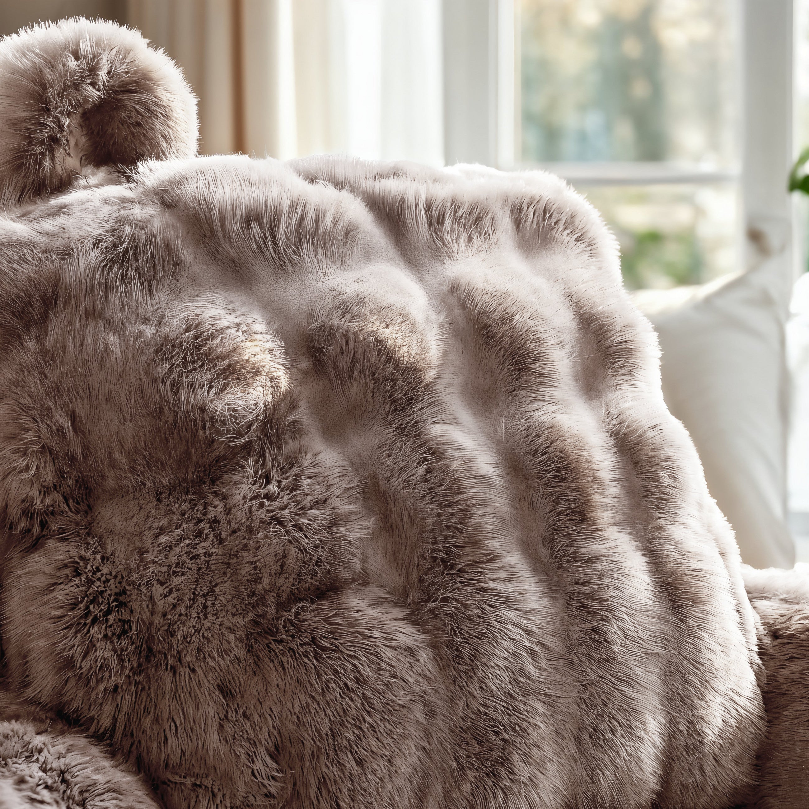 Bedrest Pompom Taupe – Luxe Faux Fur Rugsteunkussen met Pompom (34x50 cm)