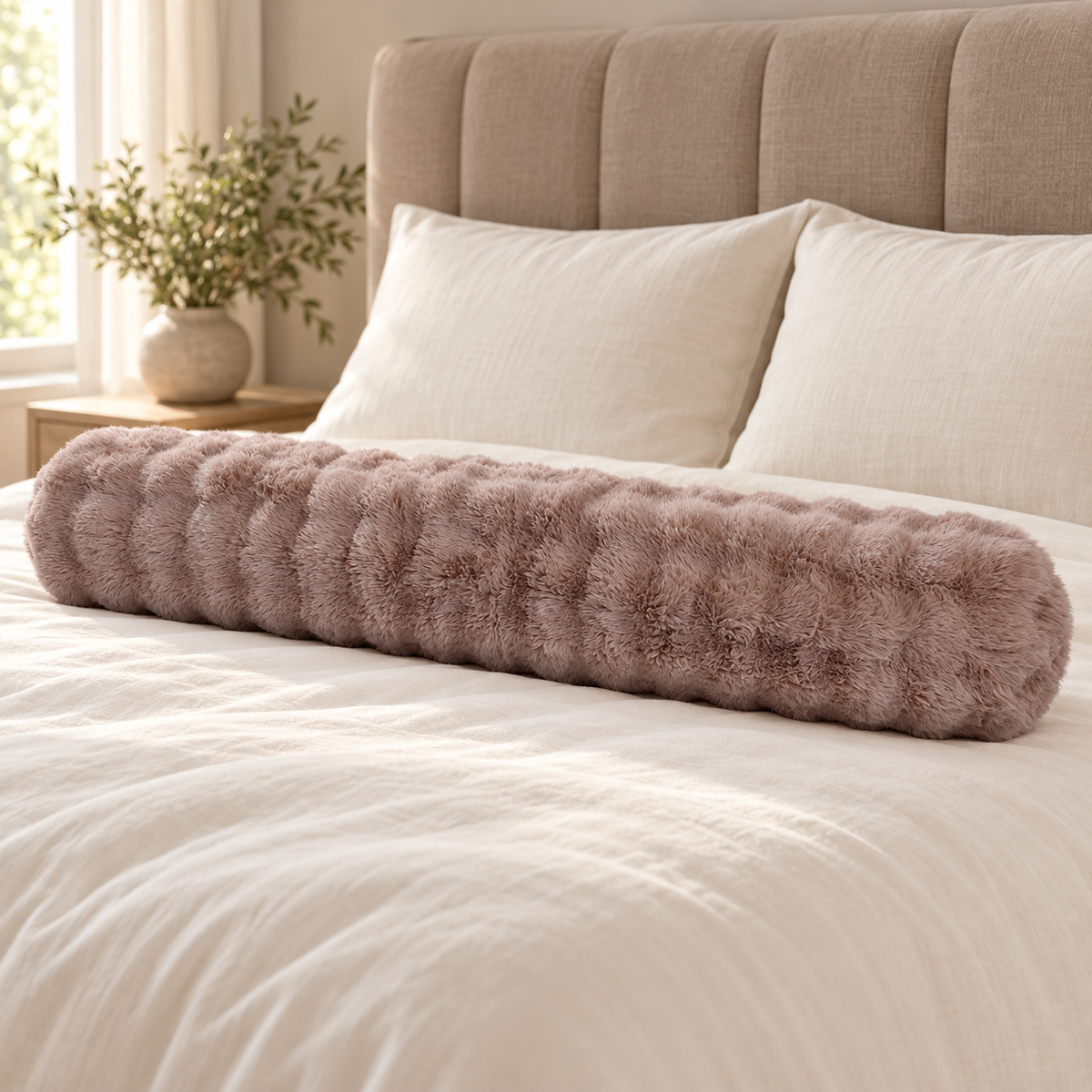 Bodypillow Pompom Taupe – Extra Lang & Luxe Sierkussen van Faux Fur (140 cm)