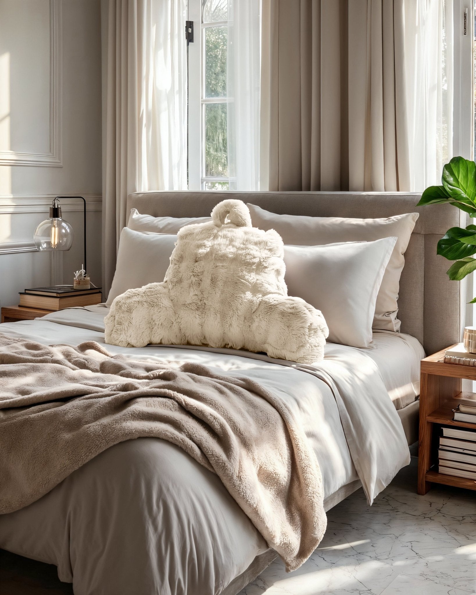 Bedrest Pompom Beige – Luxe Faux Fur Rugsteunkussen met Pompom (34x50 cm) - Dromen & Wonen