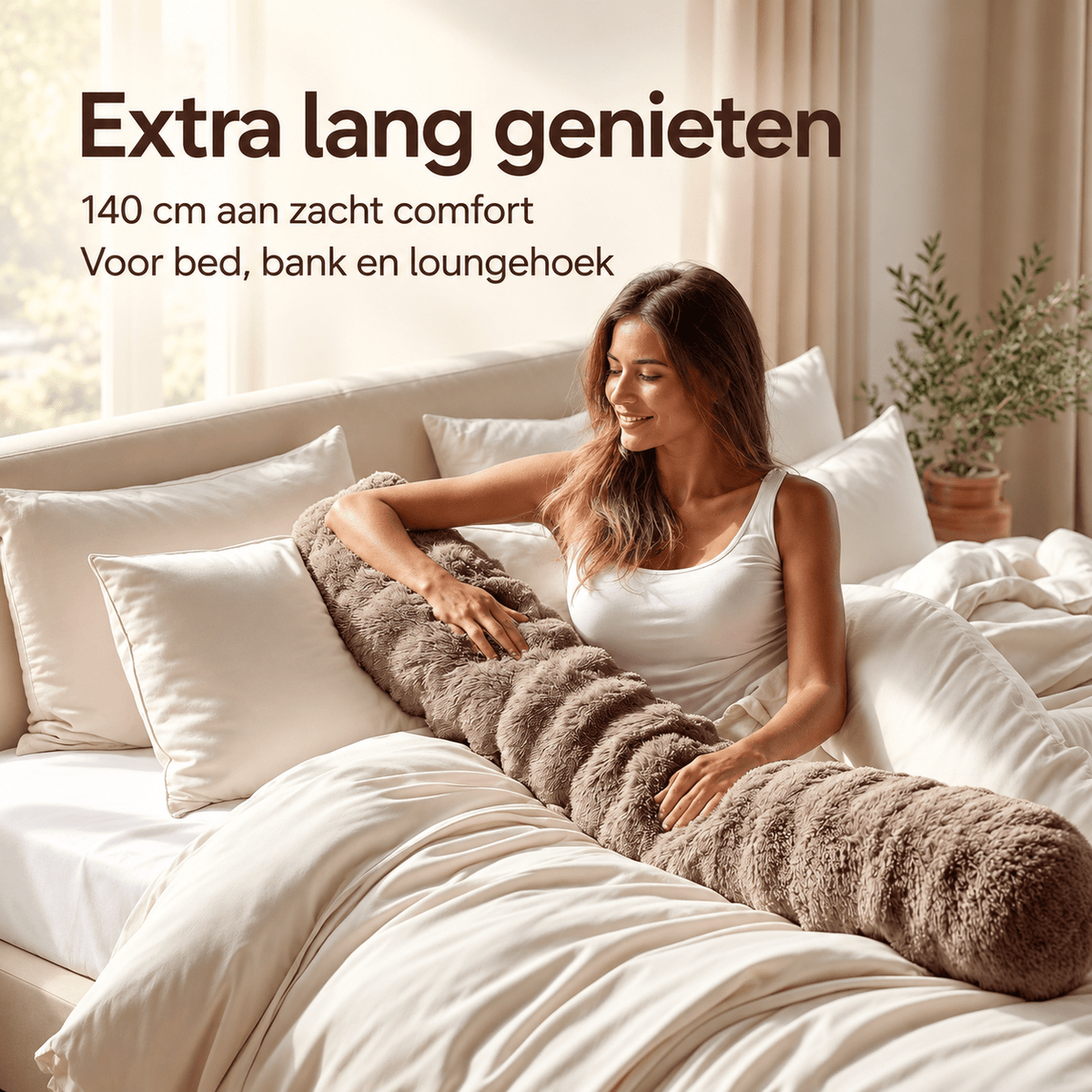 Bodypillow Pompom Taupe – Extra Lang & Luxe Sierkussen van Faux Fur (140 cm) - Dromen & Wonen