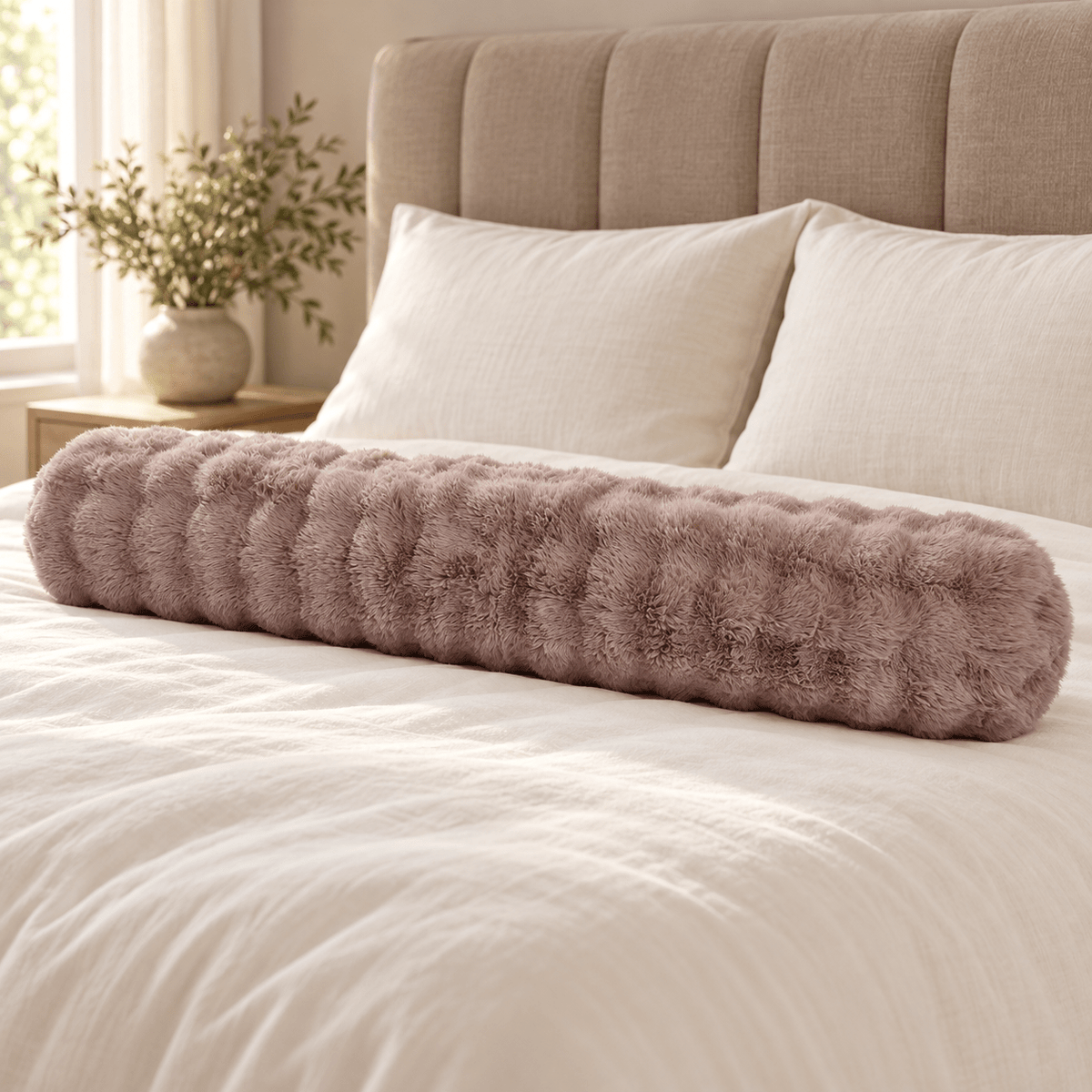 Bodypillow Pompom Taupe – Extra Lang & Luxe Sierkussen van Faux Fur (140 cm) - Dromen & Wonen