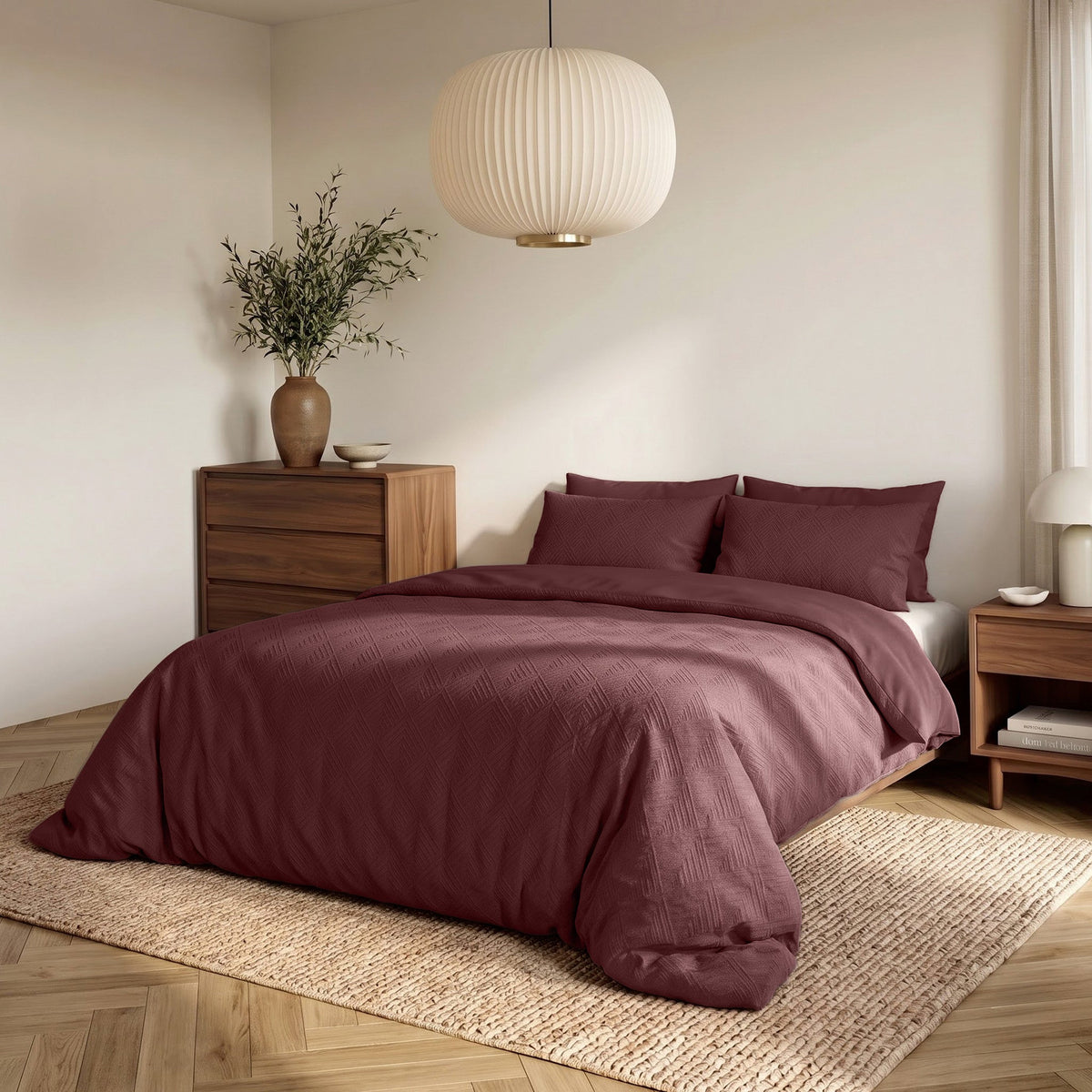 Embossed Dekbedovertrek Bordeaux – Modern Geo 3D Reliëf – Zacht Microvezel met Kussenslopen – Sleeptime - Dromen & Wonen