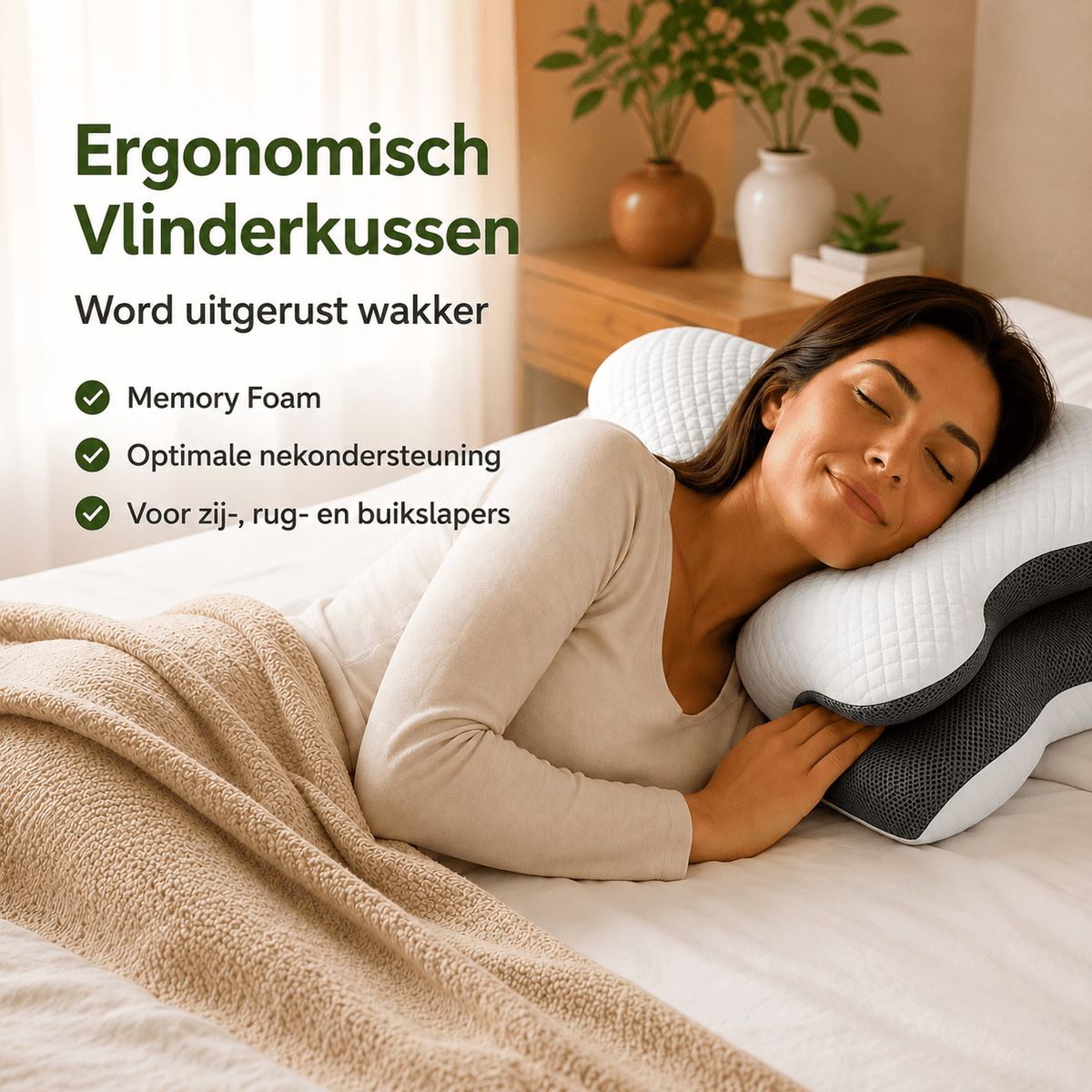 Hoofdkussen Memory Foam - Ergonomisch Vlinderkussen van Traagschuim voor Zij-, Rug- & Buikslapers - 69x40 cm - Dromen & Wonen
