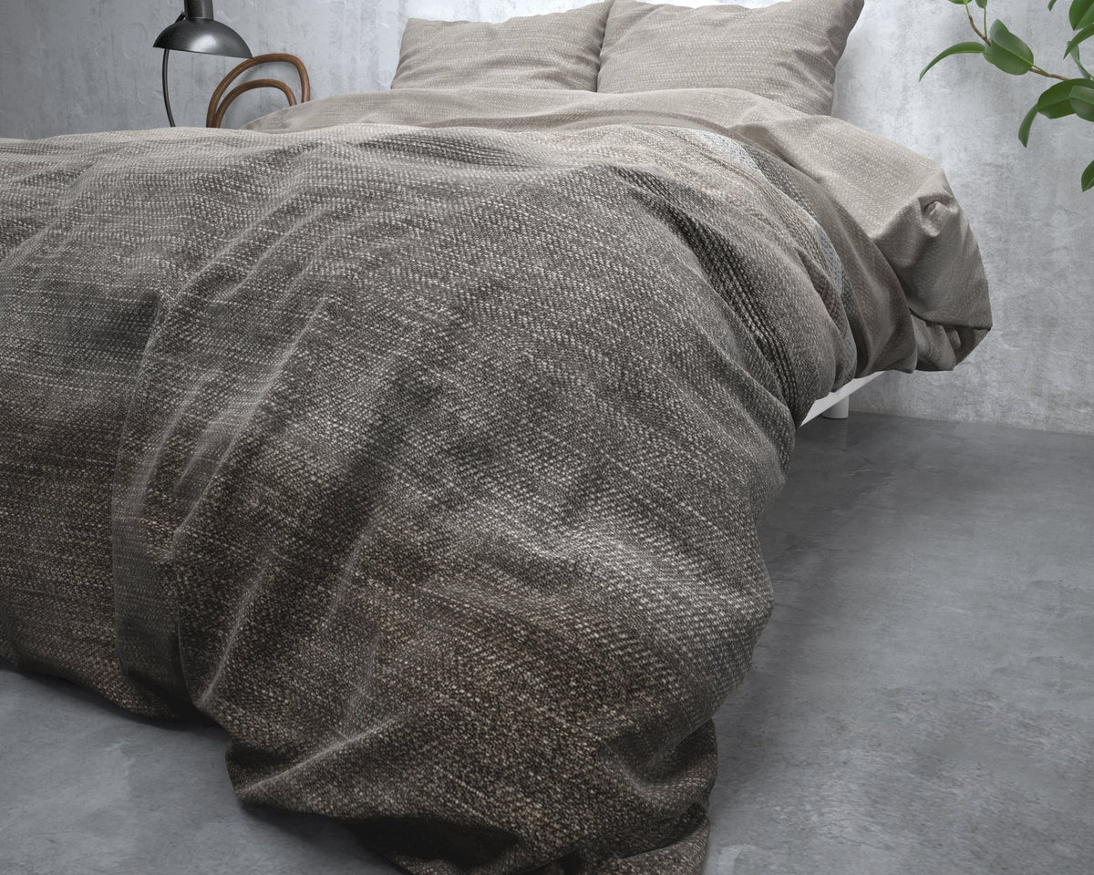 Katoen Flanel Dekbedovertrek Taupe – Stone Stripe – Warm & Zacht met Kussenslopen – Sleeptime - Dromen & Wonen