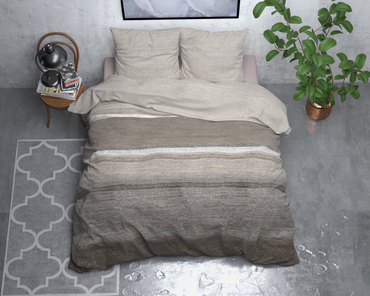 Katoen Flanel Dekbedovertrek Taupe – Stone Stripe – Warm & Zacht met Kussenslopen – Sleeptime - Dromen & Wonen