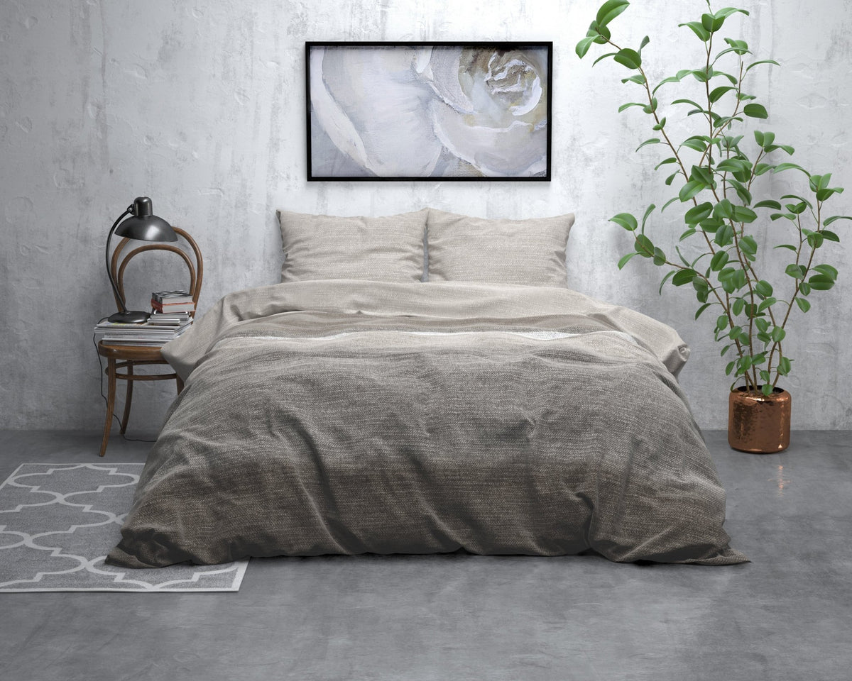 Katoen Flanel Dekbedovertrek Taupe – Stone Stripe – Warm & Zacht met Kussenslopen – Sleeptime - Dromen & Wonen