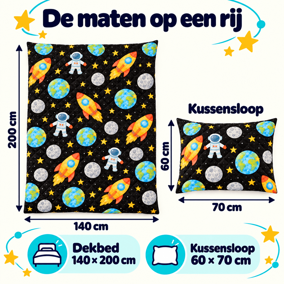 Kinderdekbed en Overtrek in 1 – Astronaut Zwart – 140 x 200 cm met Kussensloop – Sleeptime - Dromen & Wonen