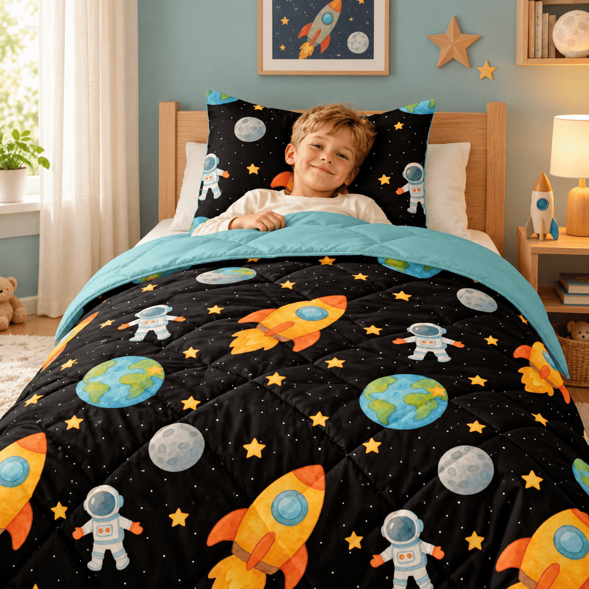 Kinderdekbed en Overtrek in 1 – Astronaut Zwart – 140 x 200 cm met Kussensloop – Sleeptime - Dromen & Wonen