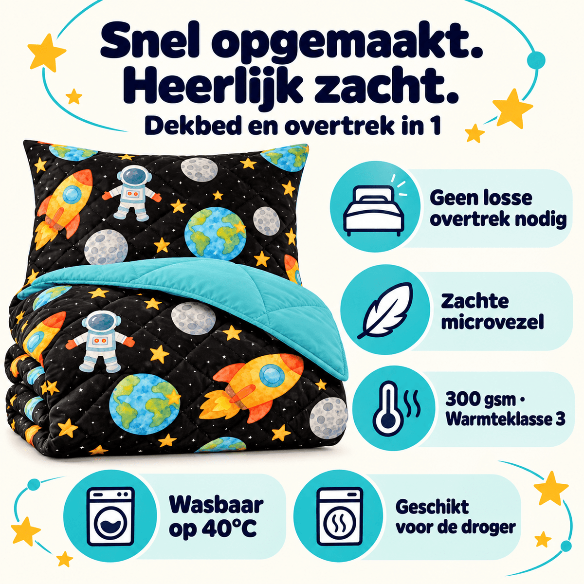 Kinderdekbed en Overtrek in 1 – Astronaut Zwart – 140 x 200 cm met Kussensloop – Sleeptime - Dromen & Wonen