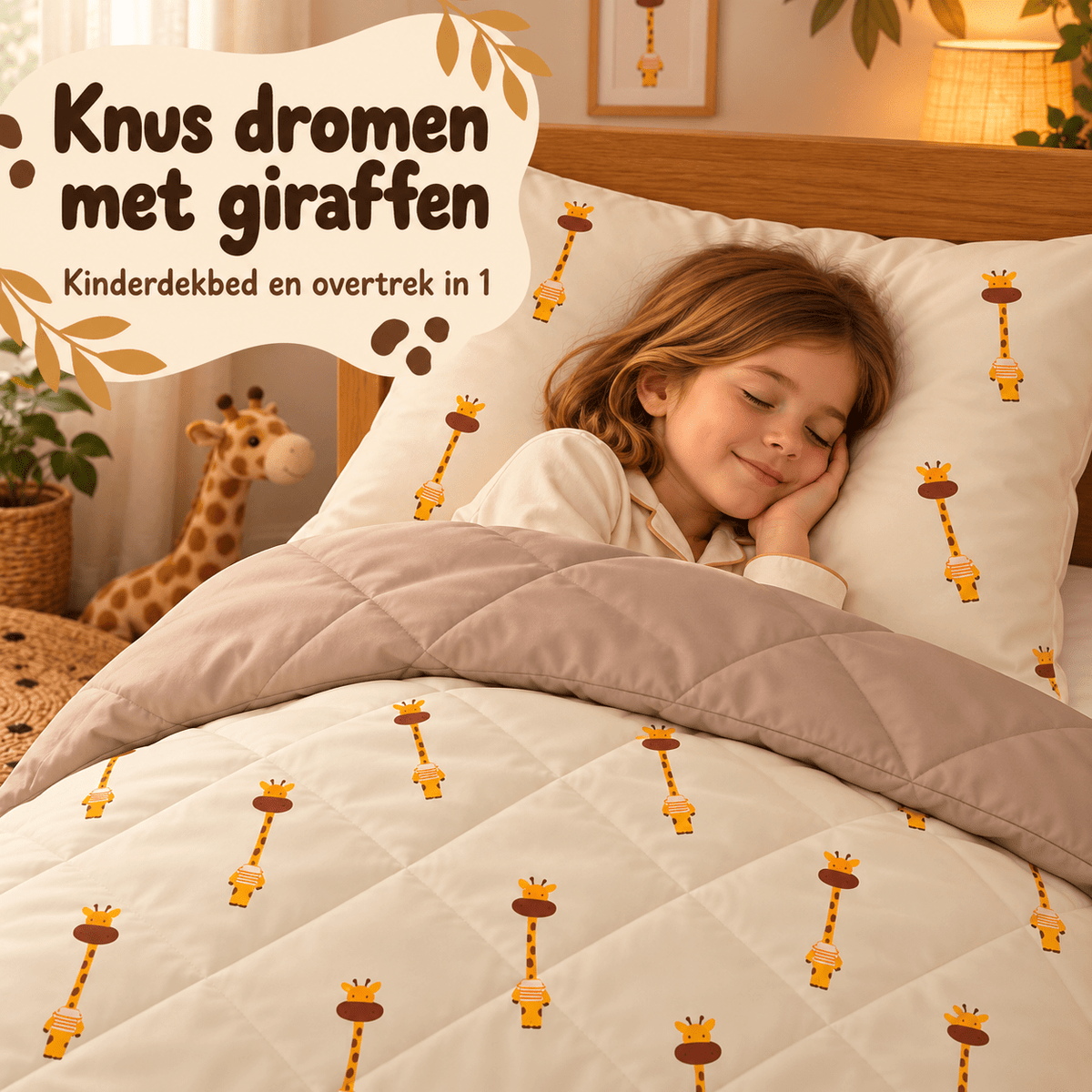 Kinderdekbed en Overtrek in 1 – Giraf Beige – 140 x 200 cm met Kussensloop – Sleeptime - Dromen & Wonen