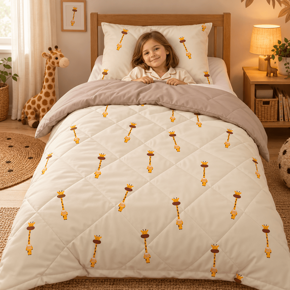 Kinderdekbed en Overtrek in 1 – Giraf Beige – 140 x 200 cm met Kussensloop – Sleeptime - Dromen & Wonen