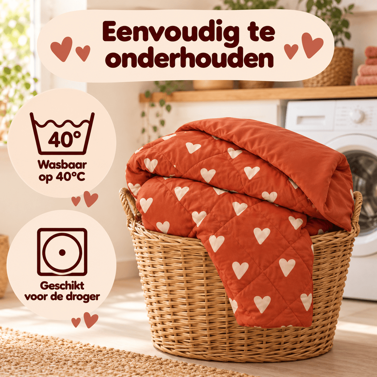 Kinderdekbed en Overtrek in 1 – Hartjes Rood – 140 x 200 cm met Kussensloop – Sleeptime - Dromen & Wonen