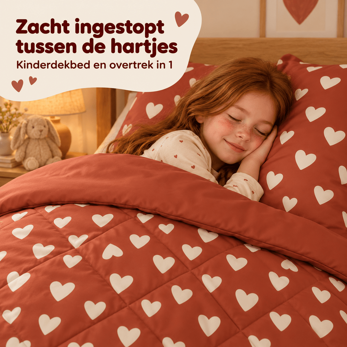 Kinderdekbed en Overtrek in 1 – Hartjes Rood – 140 x 200 cm met Kussensloop – Sleeptime - Dromen & Wonen