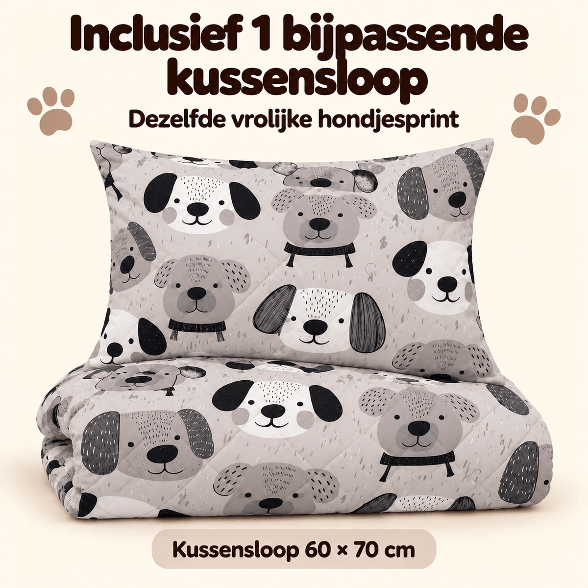 Kinderdekbed en Overtrek in 1 – Hondjes Grijs – 140 x 200 cm met Kussensloop – Sleeptime - Dromen & Wonen