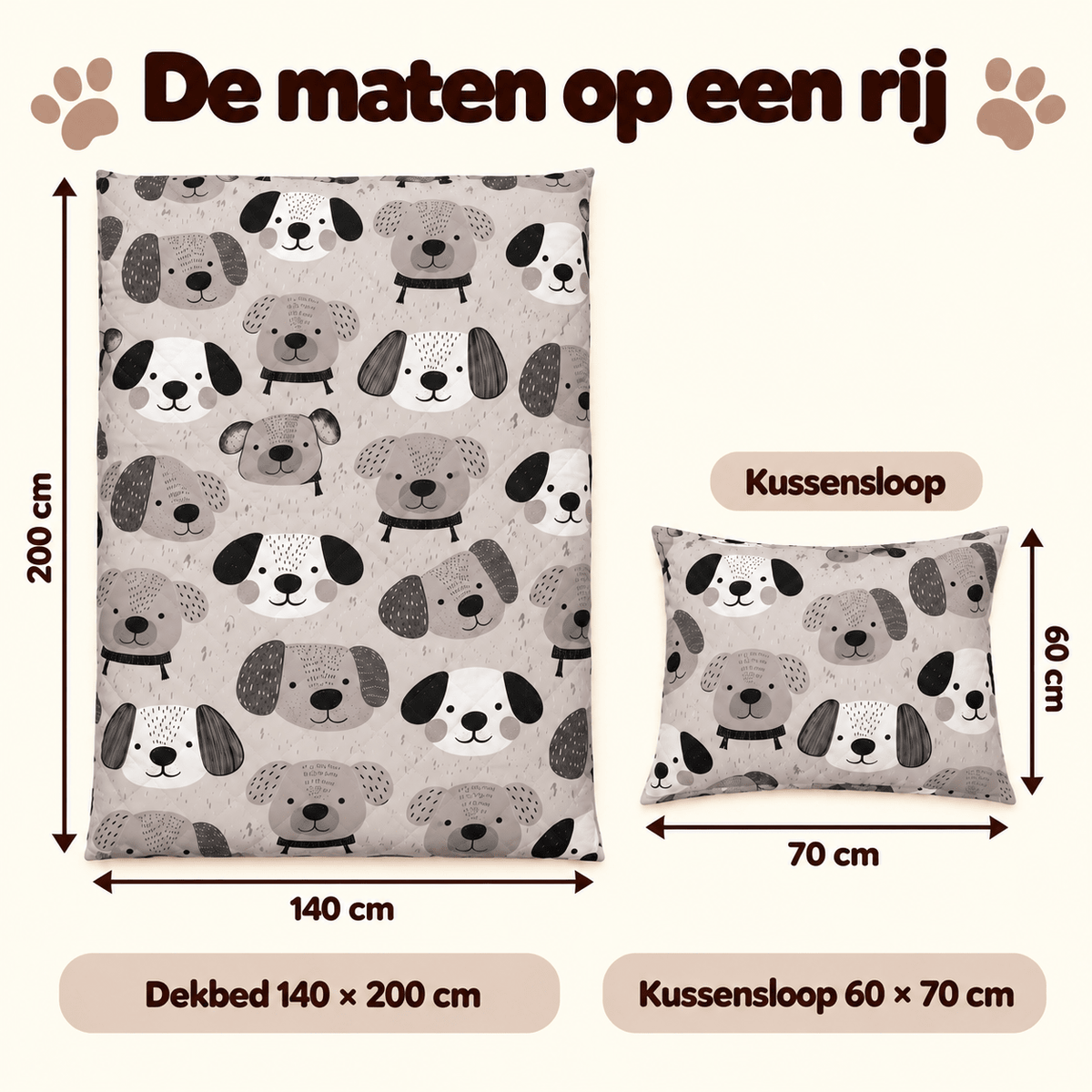 Kinderdekbed en Overtrek in 1 – Hondjes Grijs – 140 x 200 cm met Kussensloop – Sleeptime - Dromen & Wonen