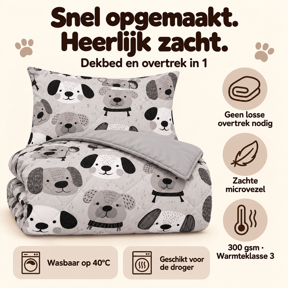 Kinderdekbed en Overtrek in 1 – Hondjes Grijs – 140 x 200 cm met Kussensloop – Sleeptime - Dromen & Wonen
