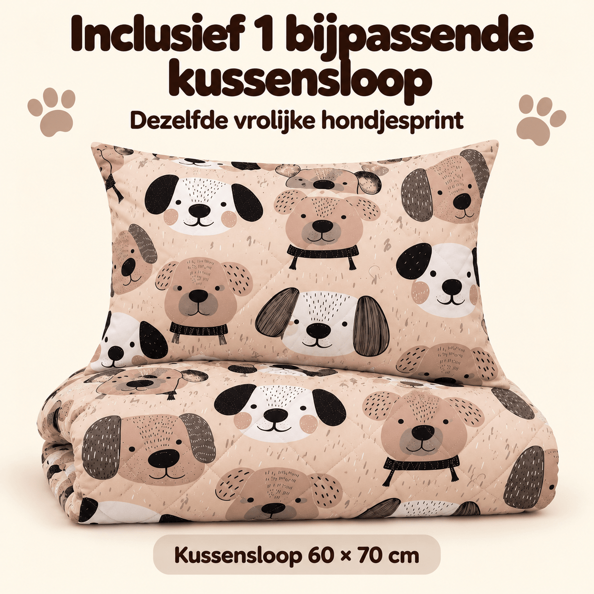 Kinderdekbed en Overtrek in 1 – Hondjes Taupe – 140 x 200 cm met Kussensloop – Sleeptime - Dromen & Wonen