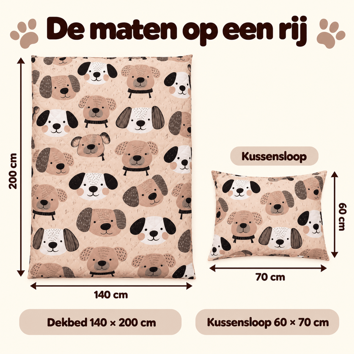 Kinderdekbed en Overtrek in 1 – Hondjes Taupe – 140 x 200 cm met Kussensloop – Sleeptime - Dromen & Wonen
