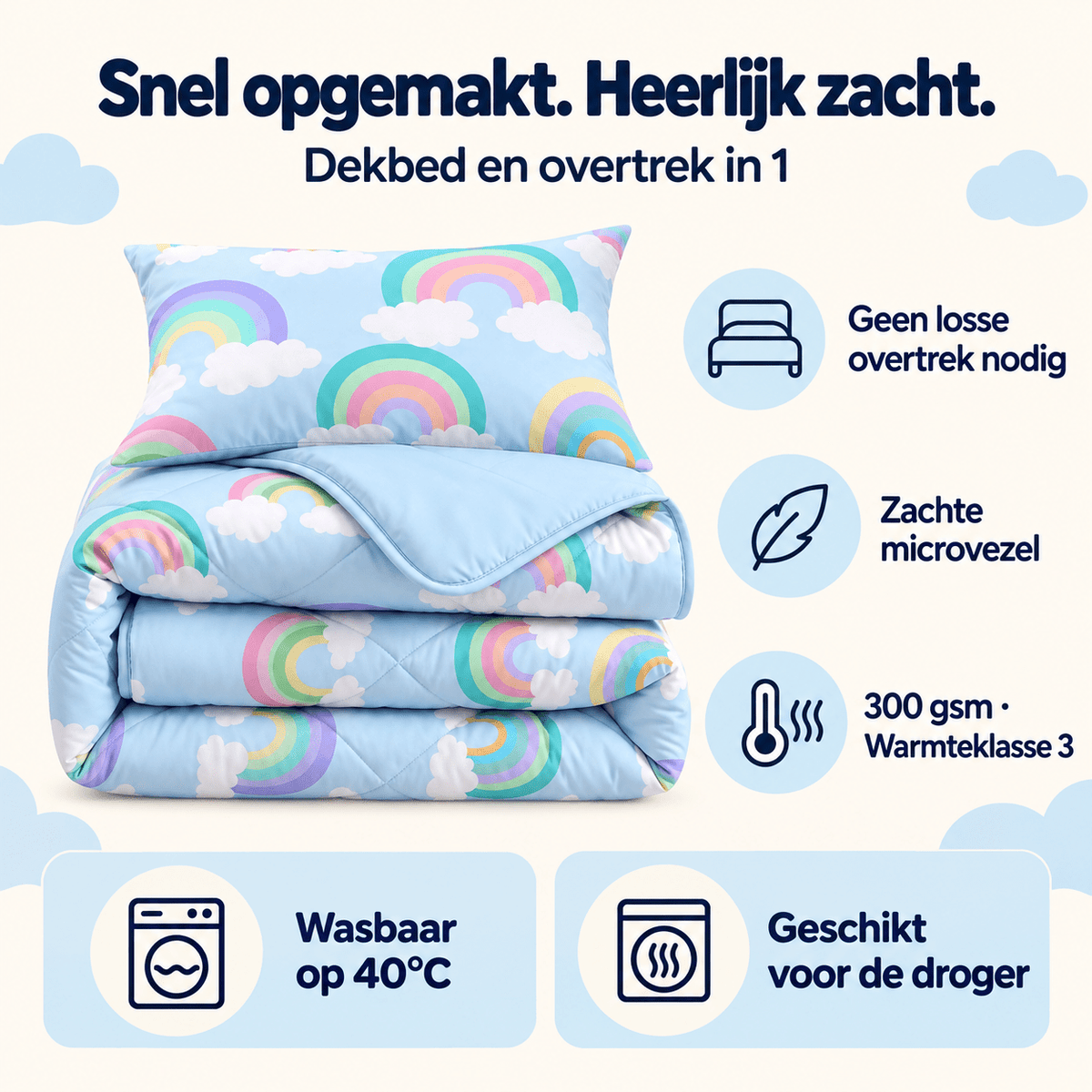 Kinderdekbed en Overtrek in 1 – Regenboog Blauw – 140 x 200 cm met Kussensloop – Sleeptime - Dromen & Wonen