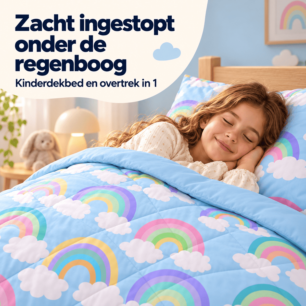 Kinderdekbed en Overtrek in 1 – Regenboog Blauw – 140 x 200 cm met Kussensloop – Sleeptime - Dromen & Wonen