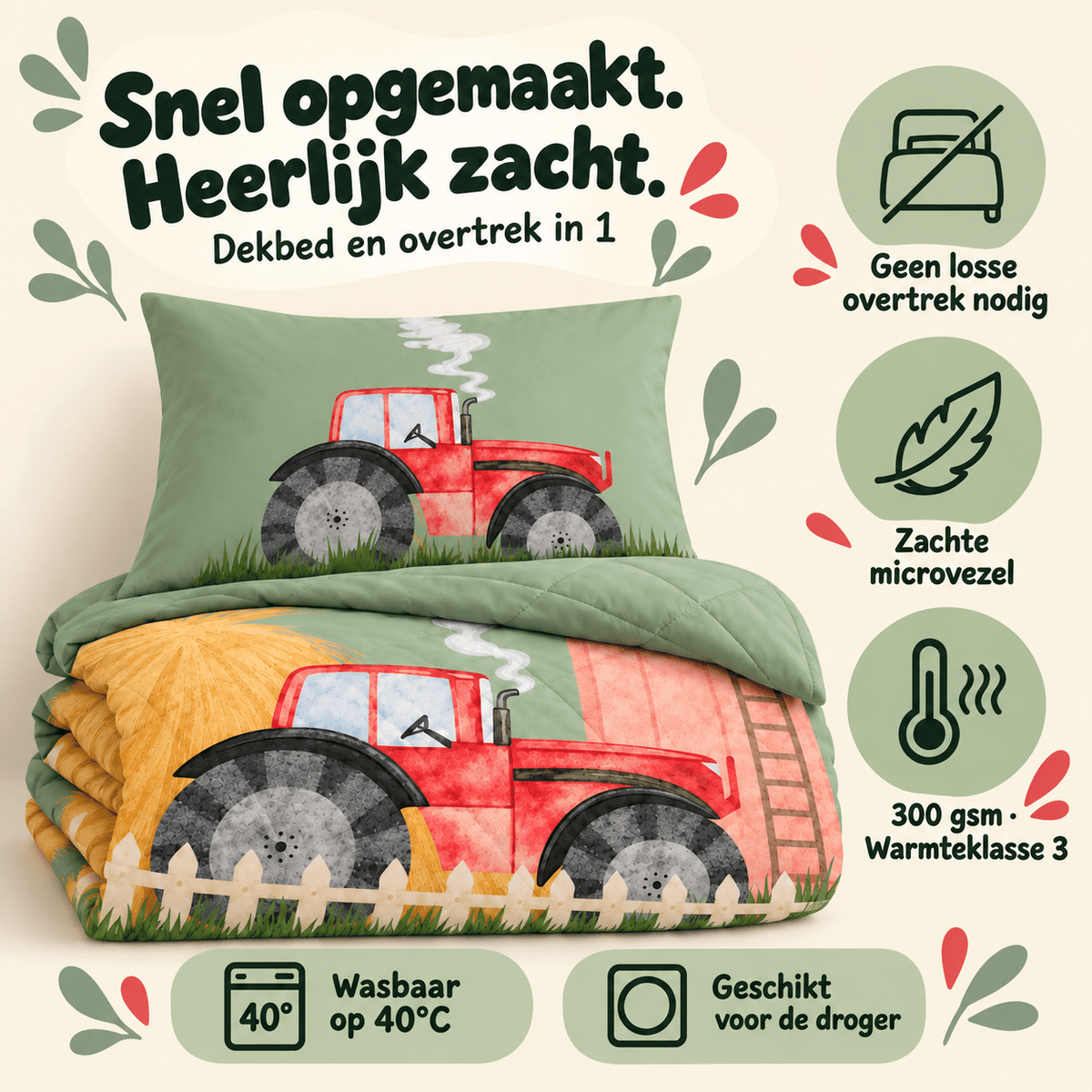 Kinderdekbed en Overtrek in 1 – Traktor Groen – 140 x 200 cm met Kussensloop – Sleeptime - Dromen & Wonen