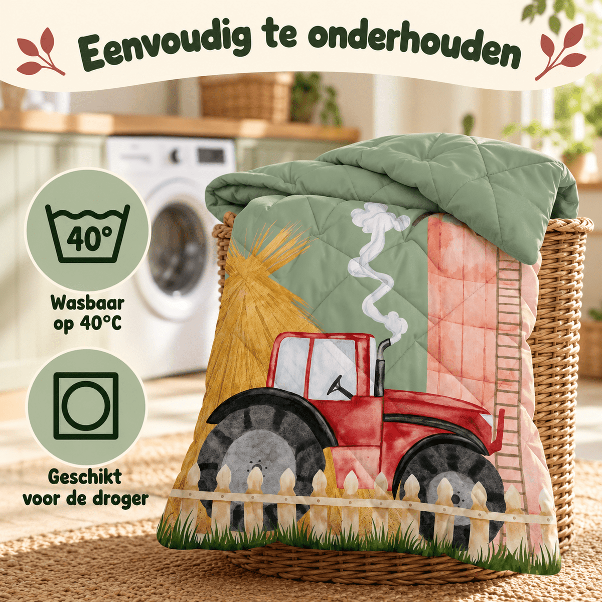Kinderdekbed en Overtrek in 1 – Traktor Groen – 140 x 200 cm met Kussensloop – Sleeptime - Dromen & Wonen