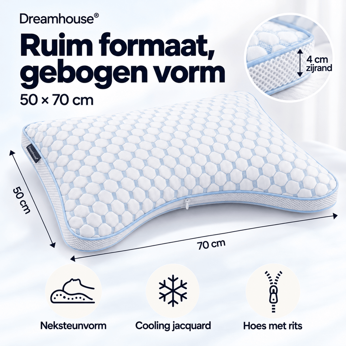 Neksteun Hoofdkussen 50x70 cm – Met Schouderuitsparing – Verkoelend Memory Foam – Dreamhouse Nanotech - Dromen & Wonen