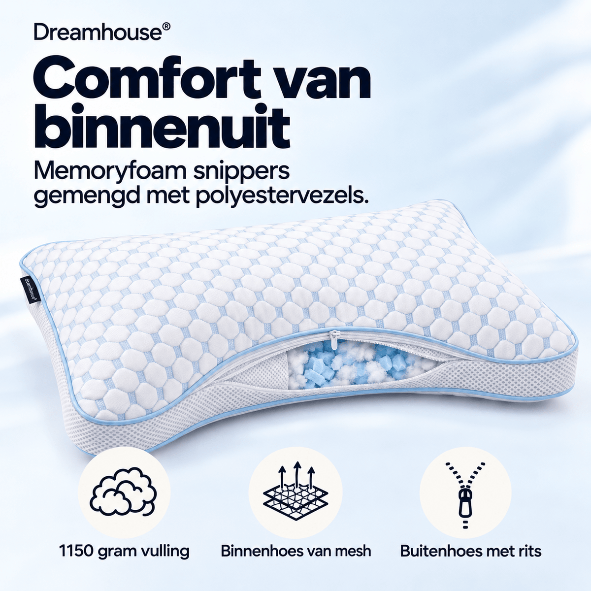 Neksteun Hoofdkussen 50x70 cm – Met Schouderuitsparing – Verkoelend Memory Foam – Dreamhouse Nanotech - Dromen & Wonen