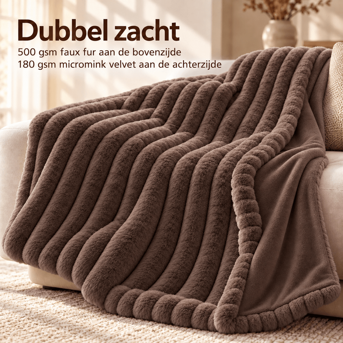 Plaid Imitatiebont Bruin – Fluffy Faux Fur Deken met Ribstructuur – Primaviera Deluxe - Dromen & Wonen