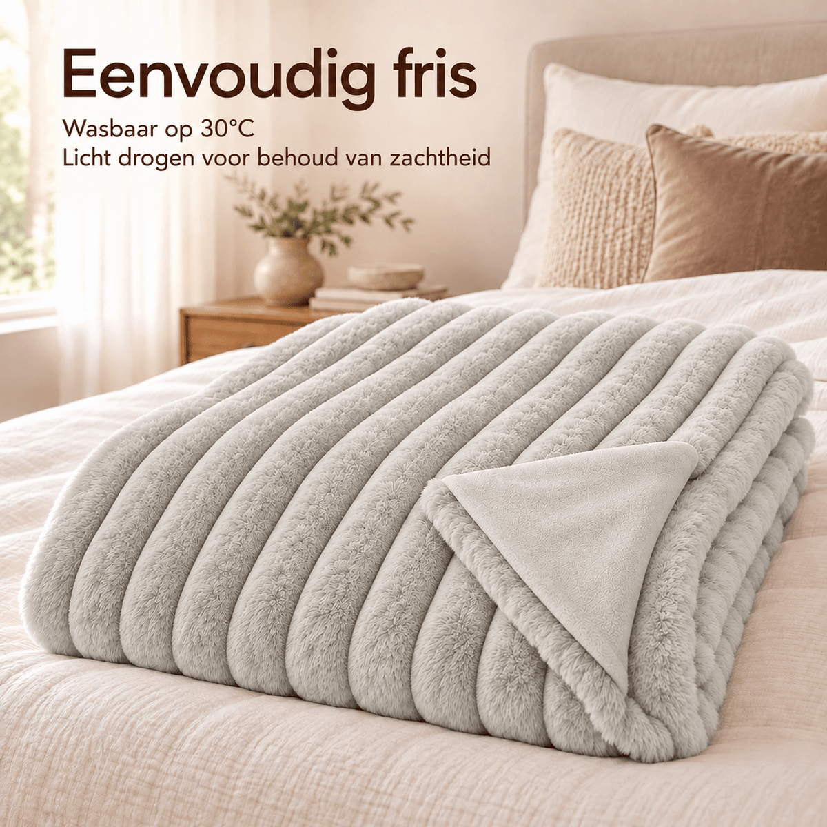 Plaid Imitatiebont Ecru – Fluffy Faux Fur Deken met Ribstructuur – Primaviera Deluxe - Dromen & Wonen