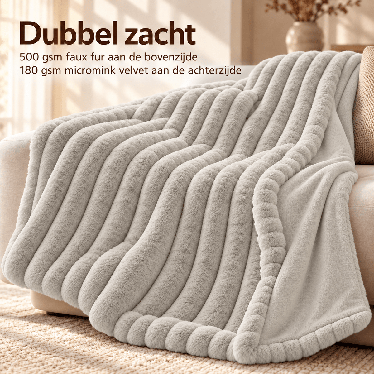 Plaid Imitatiebont Ecru – Fluffy Faux Fur Deken met Ribstructuur – Primaviera Deluxe - Dromen & Wonen