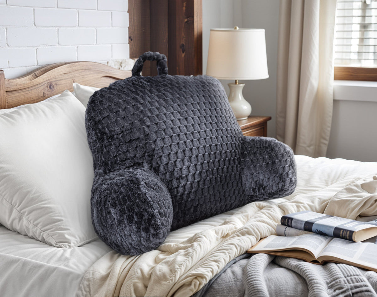 Rugsteunkussen voor Bed Antraciet – Jacquard Flanel Leeskussen met Armleuningen – 34x50 cm – Sleeptime - Dromen & Wonen