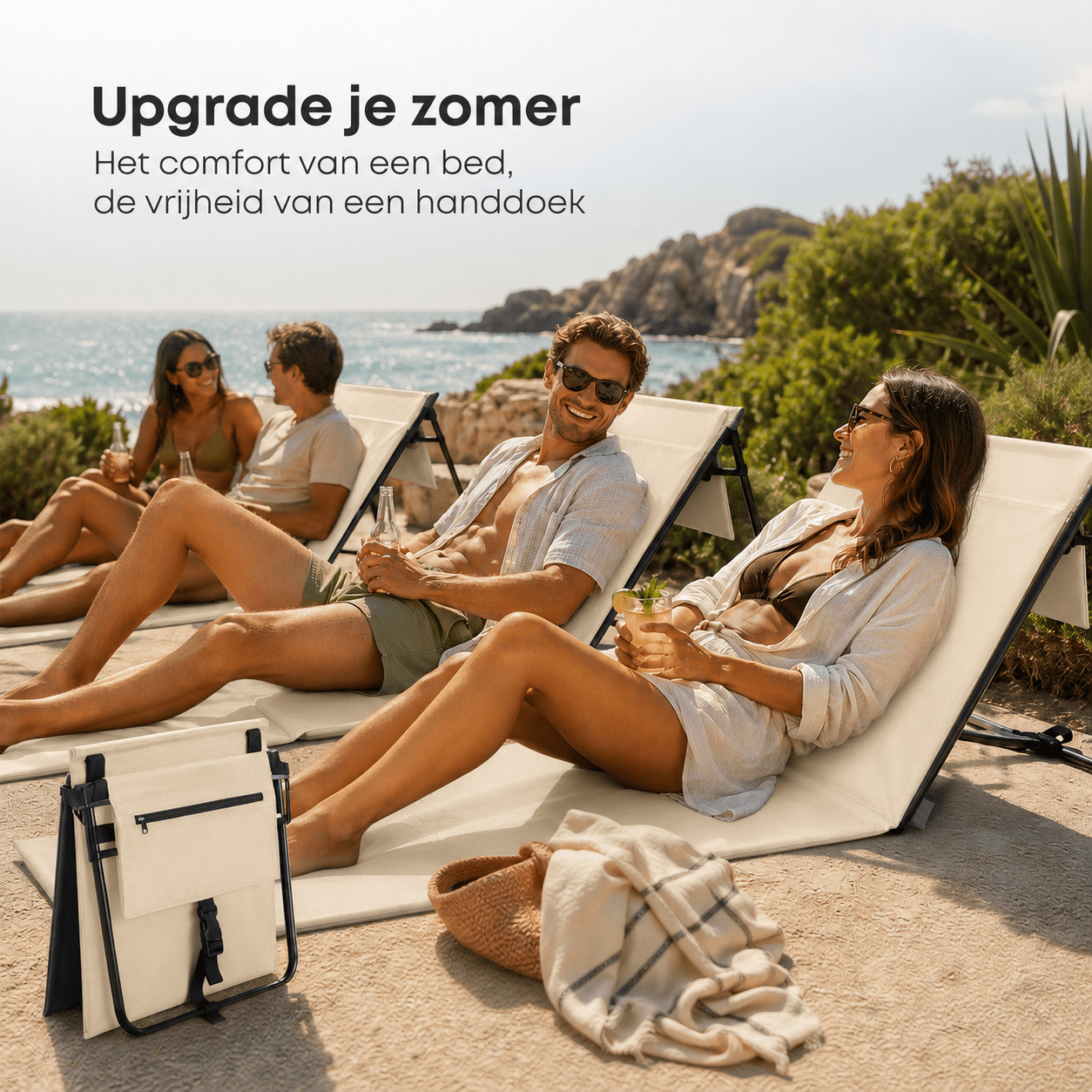 Strandmat 2 - Pack – Verstelbare Ligmat met Rugleuning – Beige - Intimo Living - Dromen & Wonen