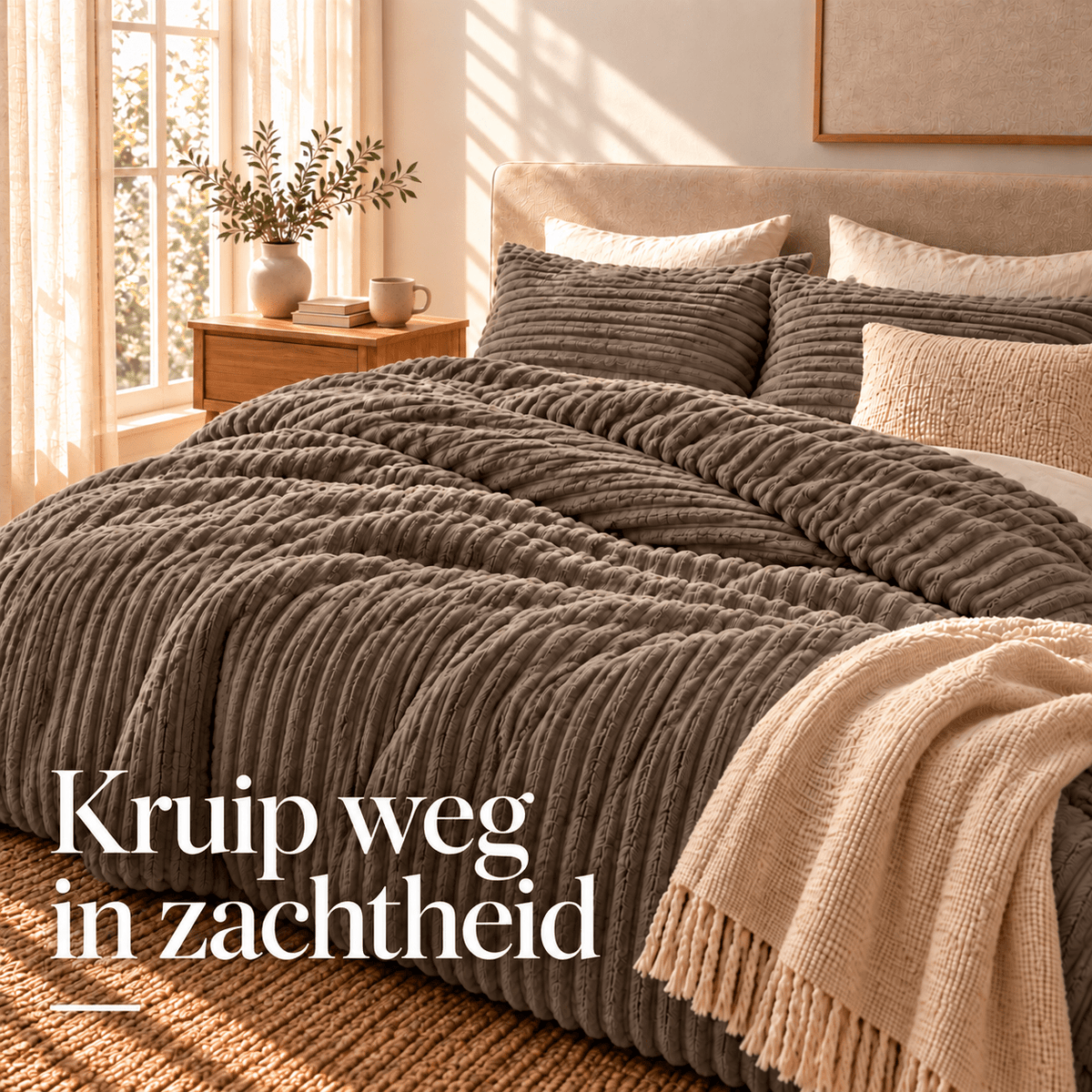 Teddy Dekbedovertrek Taupe – Warm Rib Teddy Fleece met Kussenslopen – Sleeptime - Dromen & Wonen