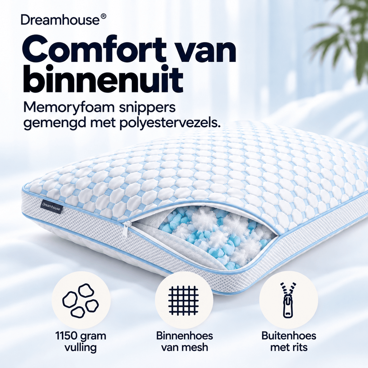 Verkoelend Hoofdkussen 50x70 cm – Memory Foam & 3D Air Mesh – Wit – Dreamhouse Nanotech - Dromen & Wonen