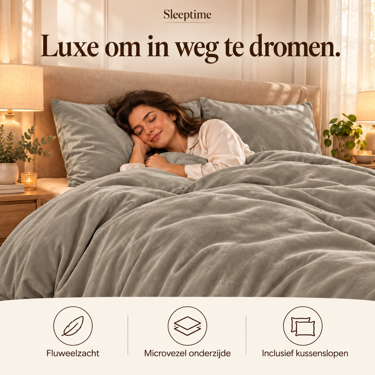 Dekbedovertrek Velvet – Luxe Fluweelzacht – Taupe/Grijs – Sleeptime