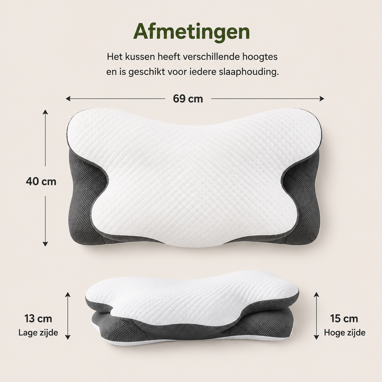 Ergonomisch Vlinderkussen Memory Foam - Hoofdkussen voor Nekklachten - Traagschuim Kussen voor Zij-, Rug- & Buikslapers - 69x40 cm