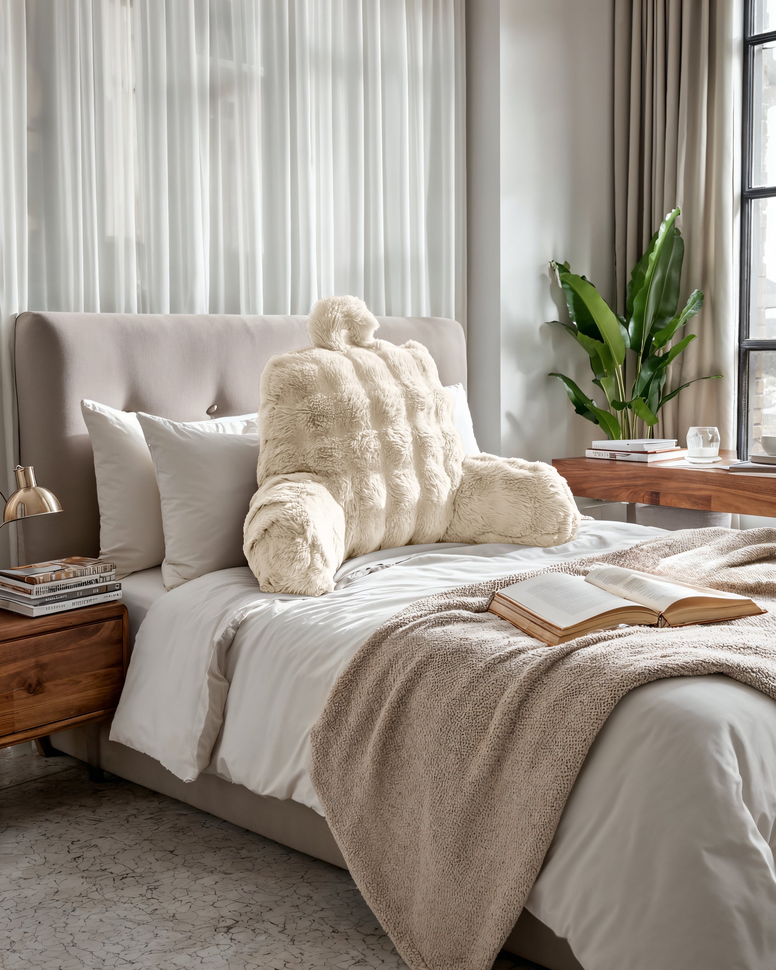 Bedrest Pompom Beige – Luxe Faux Fur Rugsteunkussen met Pompom (34x50 cm)