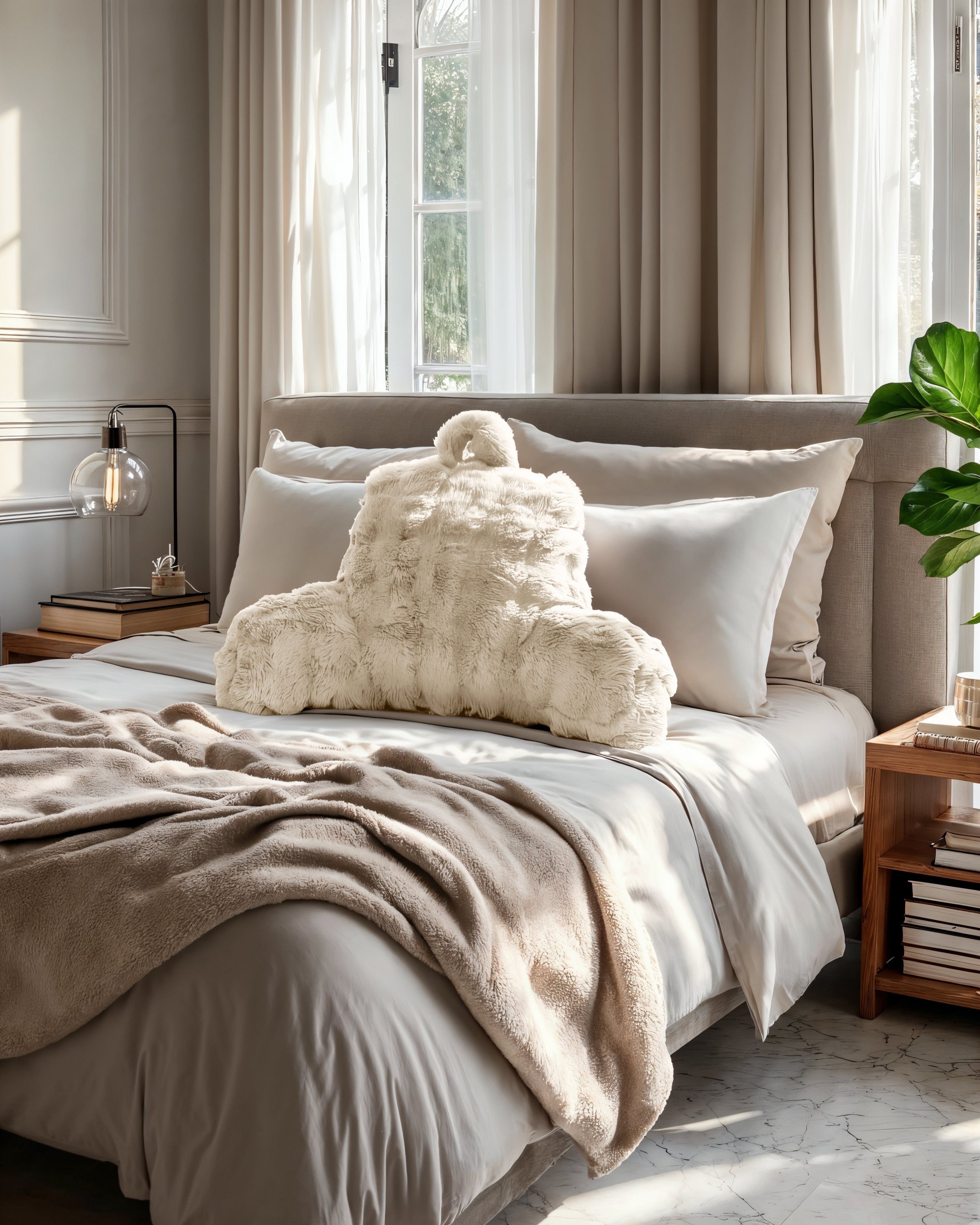 Bedrest Pompom Beige – Luxe Faux Fur Rugsteunkussen met Pompom (34x50 cm)