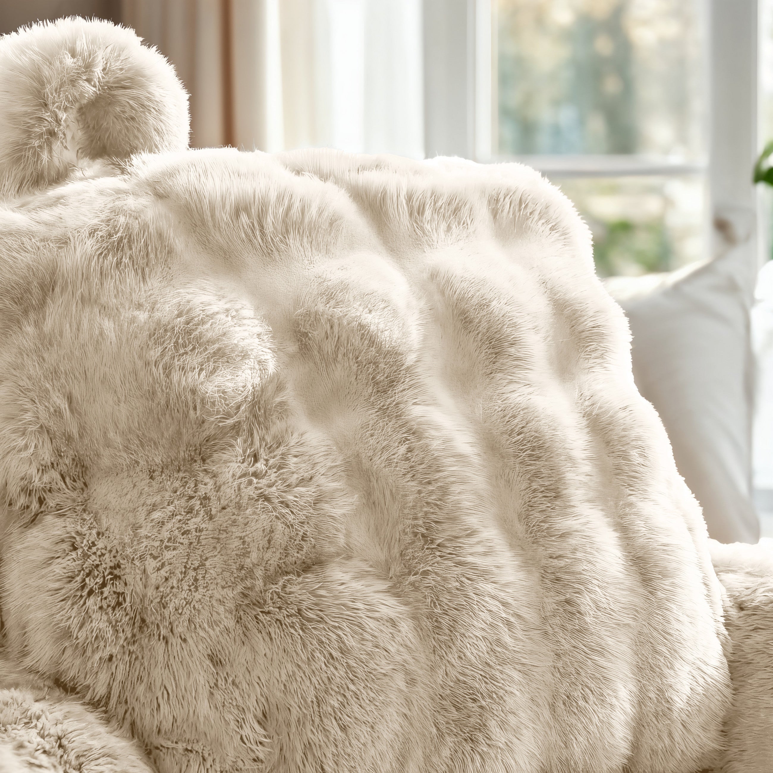 Bedrest Pompom Beige – Luxe Faux Fur Rugsteunkussen met Pompom (34x50 cm)