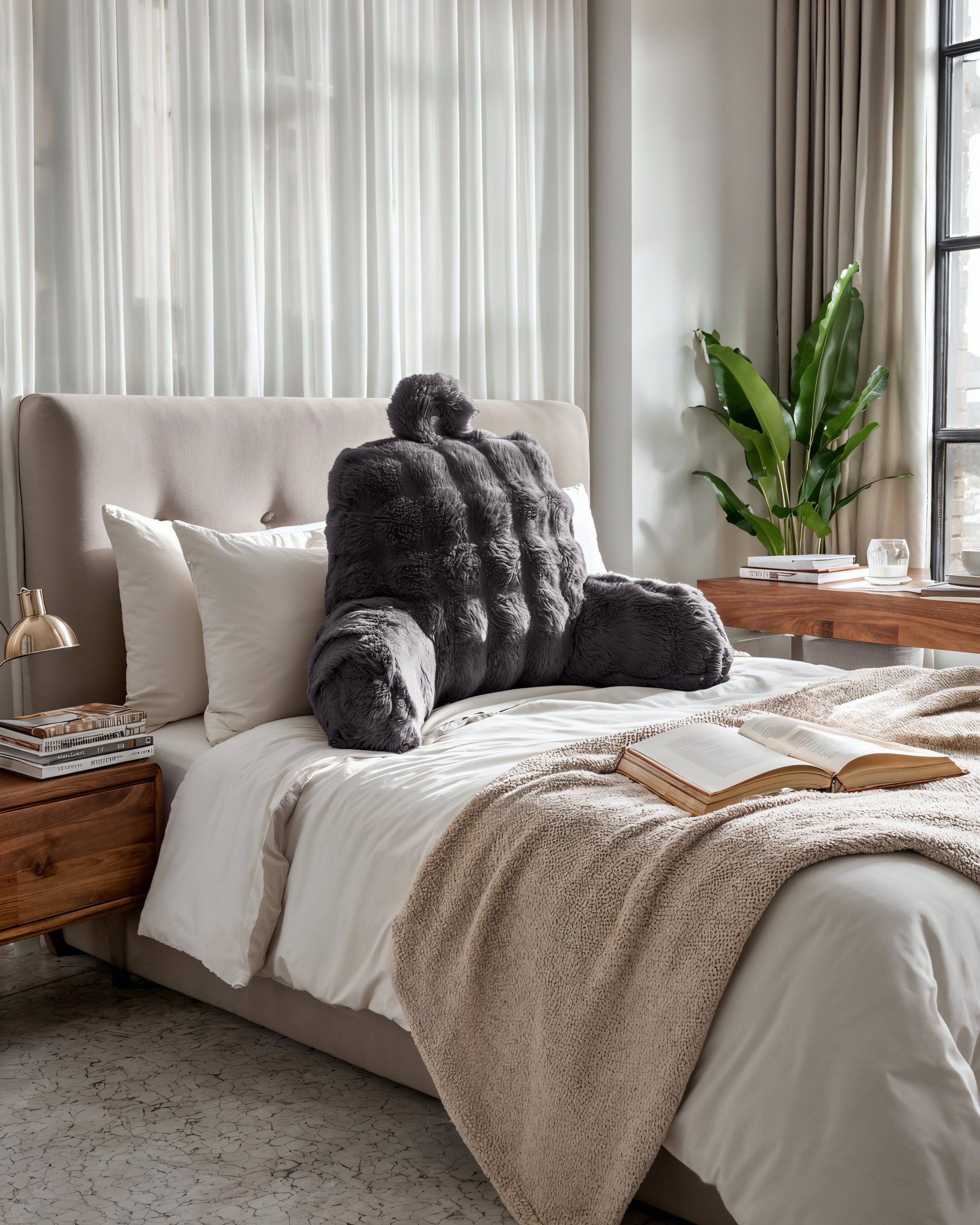 Bedrest Pompom Antraciet – Luxe Faux Fur Rugsteunkussen met Pompom (34x50 cm)