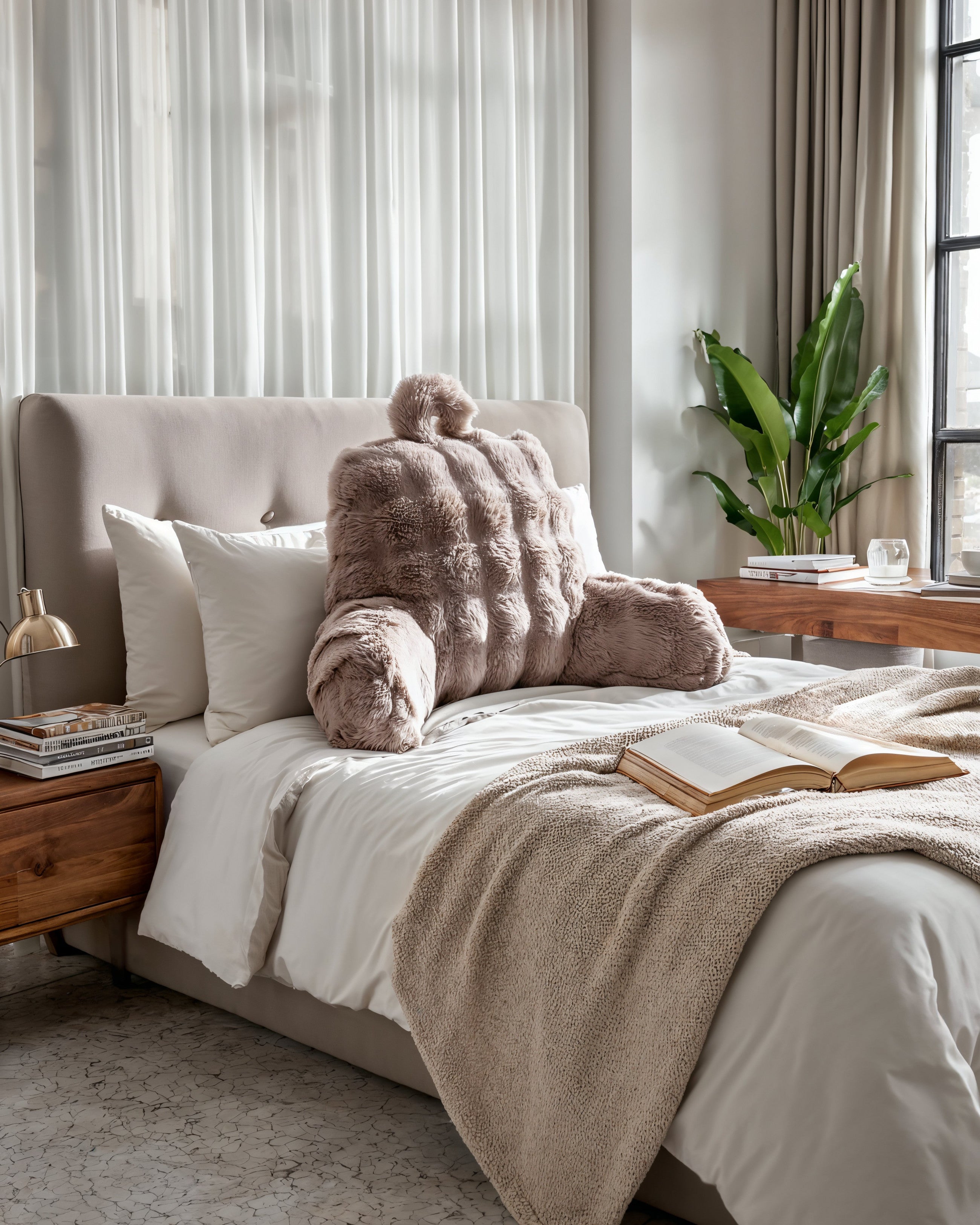 Bedrest Pompom Taupe – Luxe Faux Fur Rugsteunkussen met Pompom (34x50 cm)