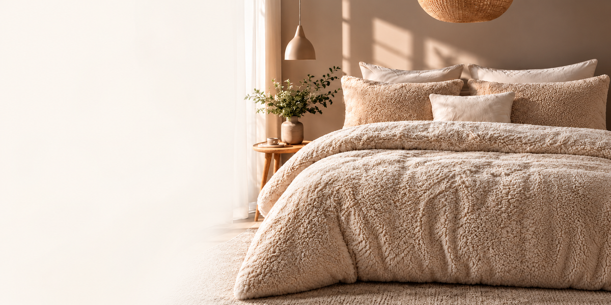 Beige teddy beddengoed in een warme, sfeervolle slaapkamer