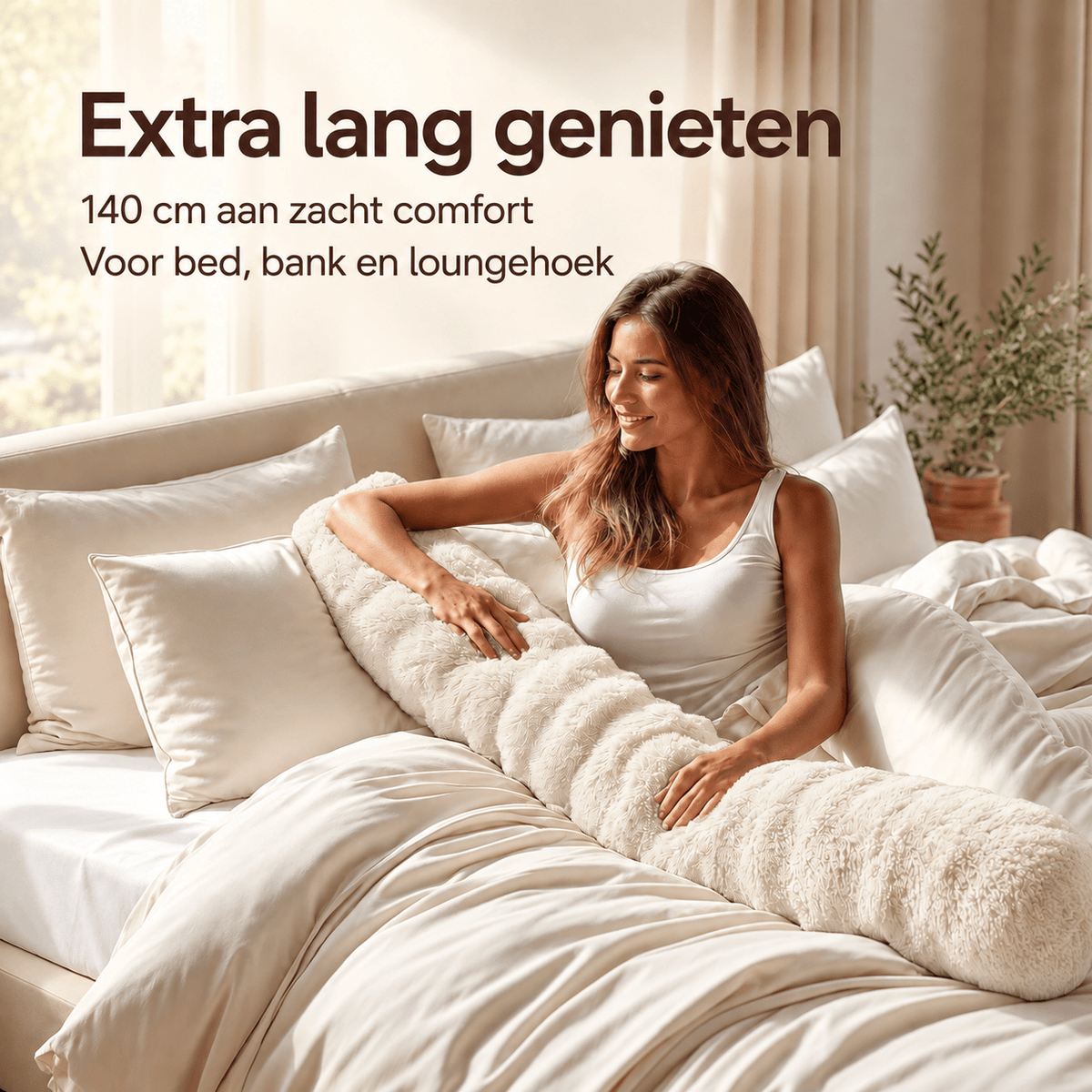 Bodypillow Pompom Beige – Extra Lang & Luxe Sierkussen van Faux Fur (140 cm) - Dromen & Wonen