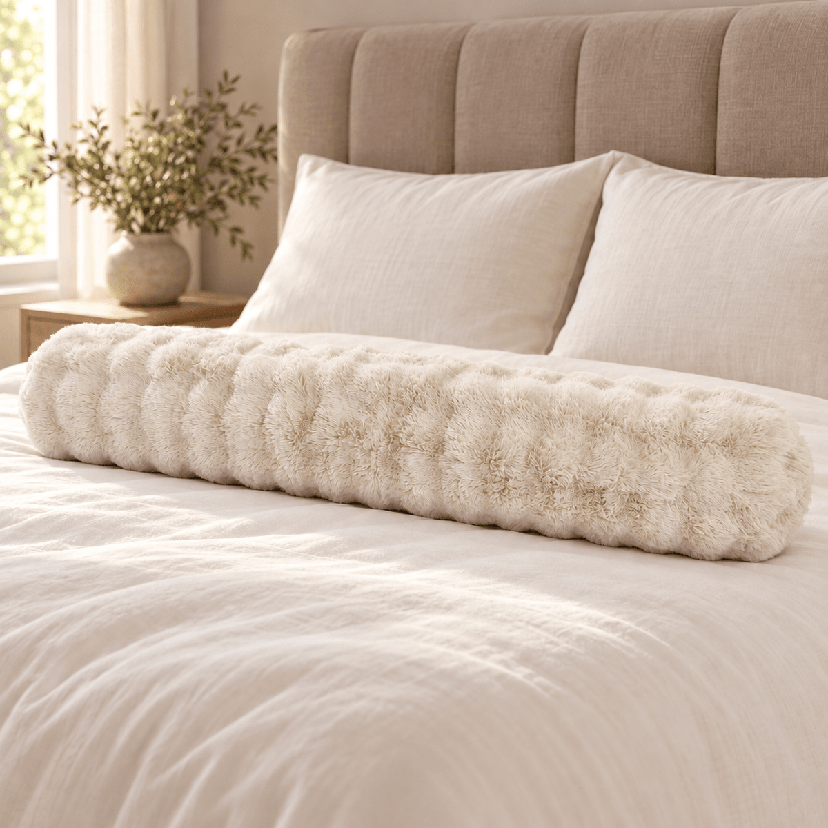 Bodypillow Pompom Beige – Extra Lang & Luxe Sierkussen van Faux Fur (140 cm) - Dromen & Wonen