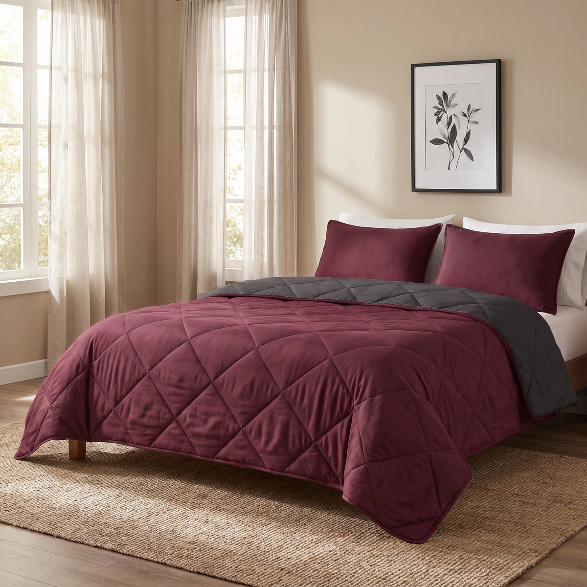 Dekbed en Overtrek in 1 – Uni Bordeaux/Antraciet – 100% Katoen met Kussenslopen – Sleeptime - Dromen & Wonen